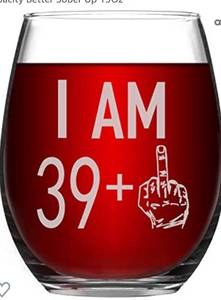 lot 50184 image: 40th Birthday Funny Stemless Wine Glass Tumbler Middle Finger (391) Bonus Bottle Stopper