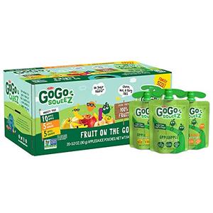 lot 50357 image: GoGo squeeZ Applesauce, Variety Pack (AppleBananaMango), 3.2 Ounce (20 Pouches), Gluten Free, Vegan Friendly, Unsweetened, Recloseable, BPA Free Pouches
