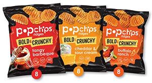 lot 50374 image: Popchips Ridges Potato Chips Variety Pack, Single Serve 0.8 Ounce Bags (Pack of 24), 3 Flavors 8 Tangy BBQ, 8 Cheddar & Sour Cream, 8 Buffalo Ranch