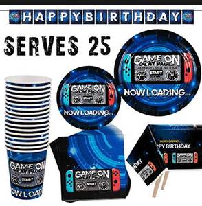lot 50431 image: Gatherfun Video Game Party Supplies, SERVE 25 Disposable Paper Plates Napkins Cups and Tablecloth for Gamer Party Gaming Theme Birthday Party Decoration for Kids and Adults