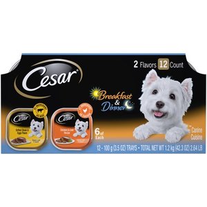 lot 50470 image: (12 Pack) CESAR Wet Dog Food Classic Loaf in Sauce Breakfast and Dinner Mealtime Variety Pack, 3.5 oz. Easy Peel Trays