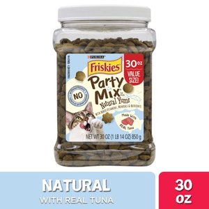lot 50472 image: Friskies , Natural Cat Treats, Party Mix Natural Yums With Real Tuna, 30 oz. Canister