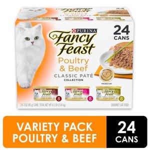 lot 50492 image: (24 Pack) Fancy Feast Grain Free Pate Wet Cat Food Variety Pack, Poultry & Beef Collection, 3 oz. Cans