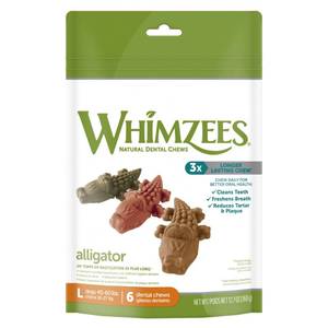 lot 50501 image: WHIMZEES Natural Grain Free Daily Dental Long Lasting Dog Treats, Alligator, Large, Bag of 6
