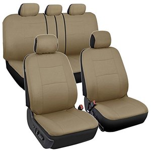 lot 50154 image: BDK OS-309-AB Tan Trim Black Car Seat Covers Full 9 Piece Set, Sleek & Stylish, Split Option Bench 5 Headrests Front & Rear Bench, Beige