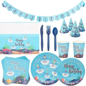 lot 50170 image: Serves 24 Shark Ocean Sea Theme Birthday Party Supplies, 194PCS Plates Napkins Cups, Favors Decorations Disposable Paper Tableware Kit Set for Boys Girls Kids