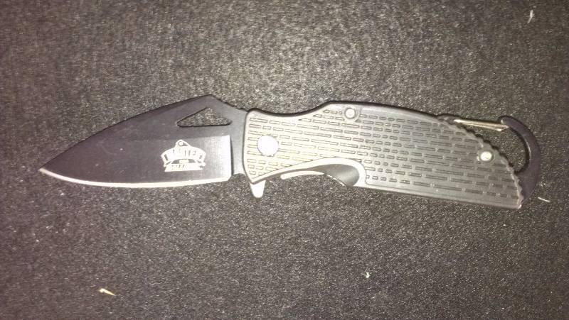 lot 1842 image: Master Ballistics new spring assist knife with fire striker & carabiner
