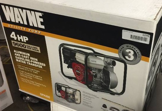 lot 1295 image: NEW-IN-BOX PUMP WAYNE GPH400 4 HP Portable Gas-Powered Water Transfer Pump