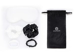 lot 1751 image: Chia Home 100% Mulberry Silk Sleep Eye Mask with Soft Blindfold for Full Night Sleep with 4 Comfortable Hair Scrunchies (White)