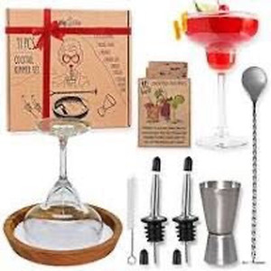 lot 1803 image: BIGLIKE Margarita Salt Rimmer Set �� 11 Pcs 1 Large Acacia Wood Glass Rimmer Dish, 1 Double Jigger, 1 Mixing Spoon,2 Pourers, 4 Caps, 1 Brush. Cocktail Rimmer Set with 7.1 Wide Margarita Rimmer Tray