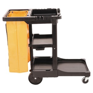 lot 1807 image: Rubbermaid Commercial FG617388BLA Housekeeping 3-Shelf Janitor Cart With Zippered Yellow Vinyl Bag, Black