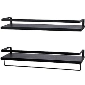 lot 1826 image: Peters Goods Floating Wall Shelves with Rail, Large, Modern Black �� Set of 2 Shelves with Towel Rack Bar �� Contemporary Design Wall Mounted Wood Shelf for Bathroom, Living Room, Entryway, Game Room