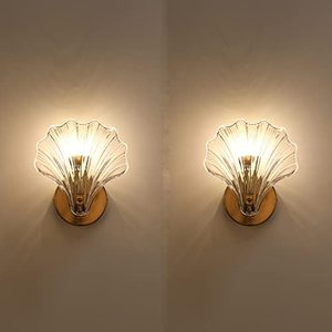 lot 36183 image: Merexcint Wall Sconces Lighting Set of 2 Shell Light, Indoor Hallway Sconce Light Fixtures, Gold Modern Wall Lights for Bedroom Living Room, Wall Lamp with Shell-Shaped Glass Shade(Bulbs Excluded)