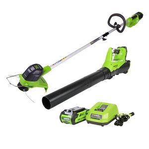 lot 36222 image: Greenworks G-MAX 40V Cordless String Trimmer & Blower Combo Pack, Battery & Charger Included STBA40B210 with battery and charger