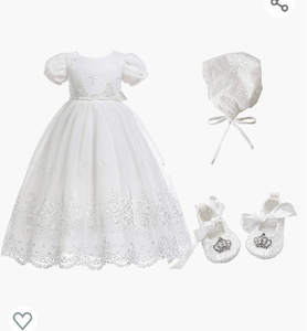 lot 32383 image: Baby-Girls Newborn Satin Christening Baptism Floral Embroidered Dress