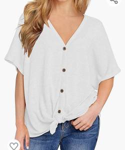 lot 71979 image: IWOLLENCE Womens Loose Henley Blouse Bat Wing Short Sleeve Button Down T Shirts Tie Front Knot Tops Size Small