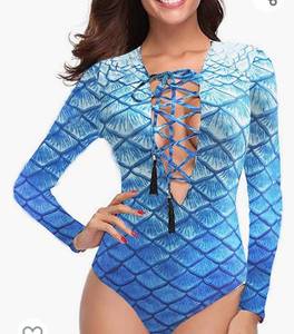 lot 71999 image: FORNY Women Fashion One Piece Swimsuit Mermaid Rash Guard Long Sleeve Surfing Deep V Swimwear Size Medium