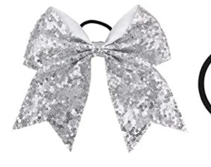 lot 72013 image: Sequin Silver Cheer Bow, 4 PCS 7 Inch Large Sequins Cheer Hair Bows Ponytail Holder Elastic Band Handmade for Cheerleaders Teen Girls College Sports (Glitter Silver)