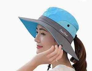 lot 72032 image: Womens Outdoor UV-Protection-Foldable Sun-Hats Mesh Wide-Brim Beach Fishing Hat with Ponytail-Hole