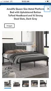 lot 90262 image: Amolife Queen Size Metal Platform Bed with Upholstered Button Tufted Headboard and 16 Strong Steel Slats, Dark Grey