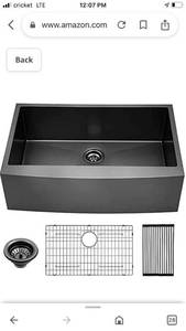 lot 90289 image: Gunmetal Black Stainless Farm Sink - Lordear 33 inch Farmhouse Sink 16 Gauge Apron Front Deep Single Bowl Stainless Steel Kitchen Farm Sink