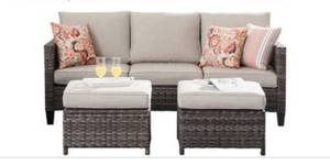 lot 8001 image: Karma 3 Piece Rattan Sectional Seating Group with Cushions Retail $649.99