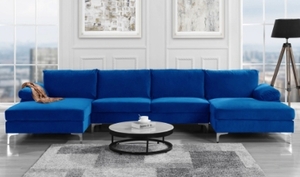 lot 8002 image: Modern XL Velvet Upholstery U-shaped Sectional Sofa Navy Blue - Retail$1181.49