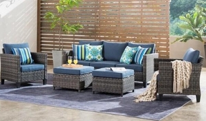 lot 8015 image: Karma 5 Piece Rattan Sectional Seating Group With Cushions Retail $1199.99