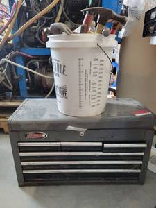 lot 13704 image: Grey Metal Toolbox with Bucket of Tools
