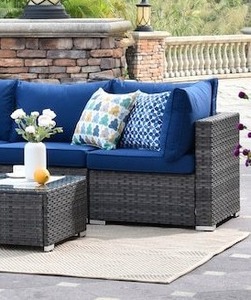 lot 11838 image: Ovios Patio Furniture Deep Seat Wicker Corner Chairs With Glass Top Ottoman And Two Throw Pillows, Dark Blue