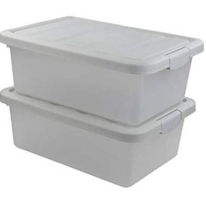 lot 63243 image: Jandson 14 Quart Clear Frosted Bin, Plastic Latching BoxContainer with Grey Lid, Pack of 2