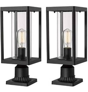 lot 63249 image: Beionxii Outdoor Post Lantern  Set of 2 Modern Exterior Pillar Lamp with 3-Inch Pier Mount Base, Sand Textured Black Cast Aluminum with Clear Cylinder Glass - A291P-2PK