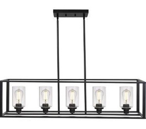 lot 63257 image: 5 Light VINLUZ Modern Linear Kitchen Island Chandelier Black Finish with Clear Glass Shade Cage Pendant Ligh Hanging for Dining Room Kitchen Island Cafe Bar Restaura