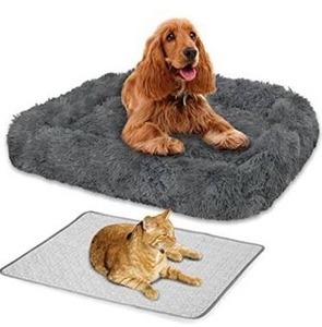 lot 63258 image: Set of 2 - Boldeed 2 in 1 Rectangle Pet Bed and Cooling Mat Soft Long Plush Cat Bed Dog Bed and Ice Pad for Small, Medium, Large DogsCats, Suitable for All Seasons Dark Grey L