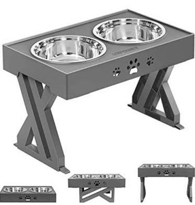 lot 63302 image: URPOWER Elevated Dog Bowls Adjustable Raised Dog Bowl with 2 Stainless Steel 1.5L Dog Food Bowls Stand Non-Slip No Spill Dog Dish Adjusts to 3 Heights 2.8, 8, 12 for Small Medium Large Dogs and Pets