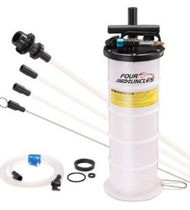 lot 63312 image: FOUR UNCLES Oil Changer Vacuum Fluid Extractor PneumaticManual 6.5 Liter with Pump Tank Remover and Brake Bleeding Hose Convenient Oil Change & Fluid Change Tool No Leaks No Overfills