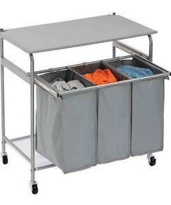 lot 63323 image: ALIMORDEN Laundry Sorter Cart with Side Pull 3-Bag Ironing Board Heavy-Duty 4 Wheels Laundry Hamper Grey