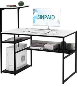 lot 63324 image: SINPAID White Computer Desk with 4-Tier Reversible Storage Shelves, 40 inch Large Home Office Laptop Study Writing Table Workstation (White Marble Pattern, 40)
