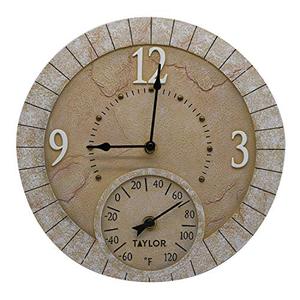 lot 63370 image: Taylor Precision Products 92682T 14 Poly Resin Terra Cotta Stone Clock with Thermometer, Multicolor
