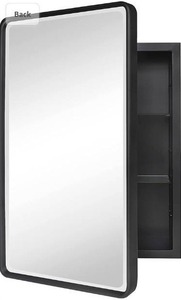 lot 63374 image: Farmhouse Black Metal Framed Recessed Bathroom Medicine Cabinet with Mirror Rounded Rectangle Tilting Beveled Vanity Mirros for Wall 16x24 inch