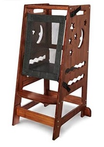 lot 63395 image: TOETOL Bamboo Kids Step Stool for Kitchen Height Adjustable Toddler Standing Tower with Keeper and Black & White Activity Board