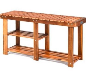 lot 63398 image: PATIOJOY 3-Tier Shoes Rack Bench, Entryway Storage Bench Shoes Organizer with Seat, Shoe Shelf for Boots, Acacia Wood Bench for Hallway, Bathroom, Living Room, Corridor Garden