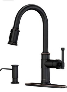 lot 63418 image: Matte Black Kitchen Sink Faucet with Soap Dispenser, DAYONE Pull Down Farmhouse Faucet for Sink with Magnetic Docking Sprayer, Single Handle High Arc