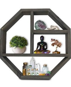 lot 63447 image: ASUARE Wooden Hexagon Shelf  Floating Hexagon Shelf  Essential Oil Display  Crystal Display Shelf  Decor for Room, Bathroom, Living Room Meditation Shelf