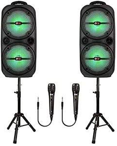 lot 63388 image: QFX PBX-8008SMC TWS Bluetooth Double 8 Woofers Rechargeable Portable Speakers with AC Adapter, 2 Stands, and 2 Microphones