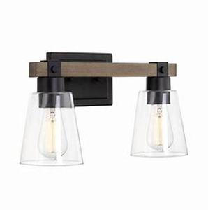 lot 63417 image: Kira Home Asher 16 2-Light Farmhouse Vanity  Bathroom Light  Funnel Glass Shades, Smoked Birch Wood Style  Black