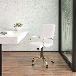 lot 35082 image: Flash Furniture Mid-Back Desk Chair - White LeatherSoft Executive Swivel Office Chair with Gold Frame - Swivel Arm Chair