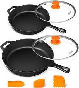 lot 35021 image: Michelangelo pre seasoned cast iron fry pan with lids 10and12in with lids