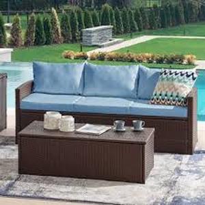 lot 35002 image: COSIEST Outdoor Wicker Patio Sofa only with teal blue Cushions brown
