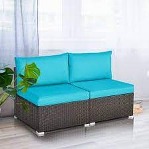 lot 35023 image: patio Rattan sofa sectional pc only set of 2 dark grey with blue cushions